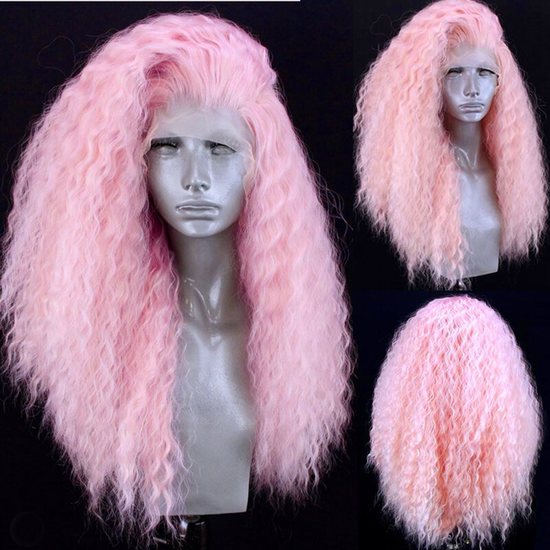 اللون الوردي نطاط شعر مستعار مجعد ارتفاع درجة الحرارة الألياف 13X4 الطبيعية الاصطناعية الدانتيل شعر مستعار أمامي للنساء منزوع الطبيعية شعري
