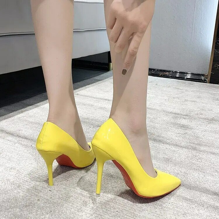2021 جديد إمرأة أصفر أزرق 10 سنتيمتر عالية الكعب بولي Leather جلد الإناث Scarpins مكتب أشار تو تاكون مضخات أحذية حجم كبير