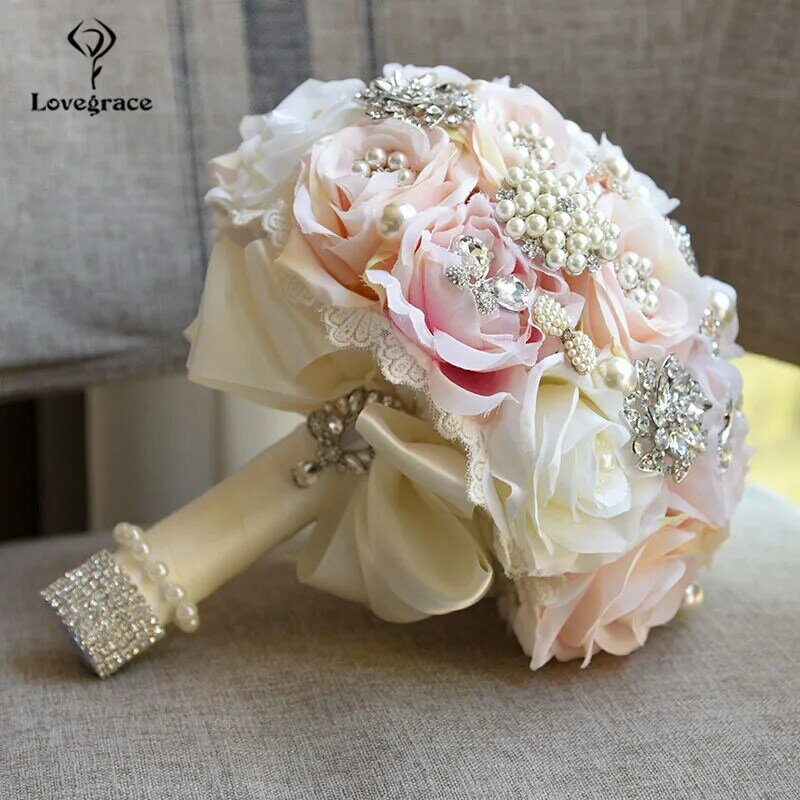 Lovegrace-باقة من الورود الاصطناعية لوصيفات العروس ، زهور اصطناعية فاخرة من الحرير الوردي واللؤلؤ الكريستالي ، للزفاف #3