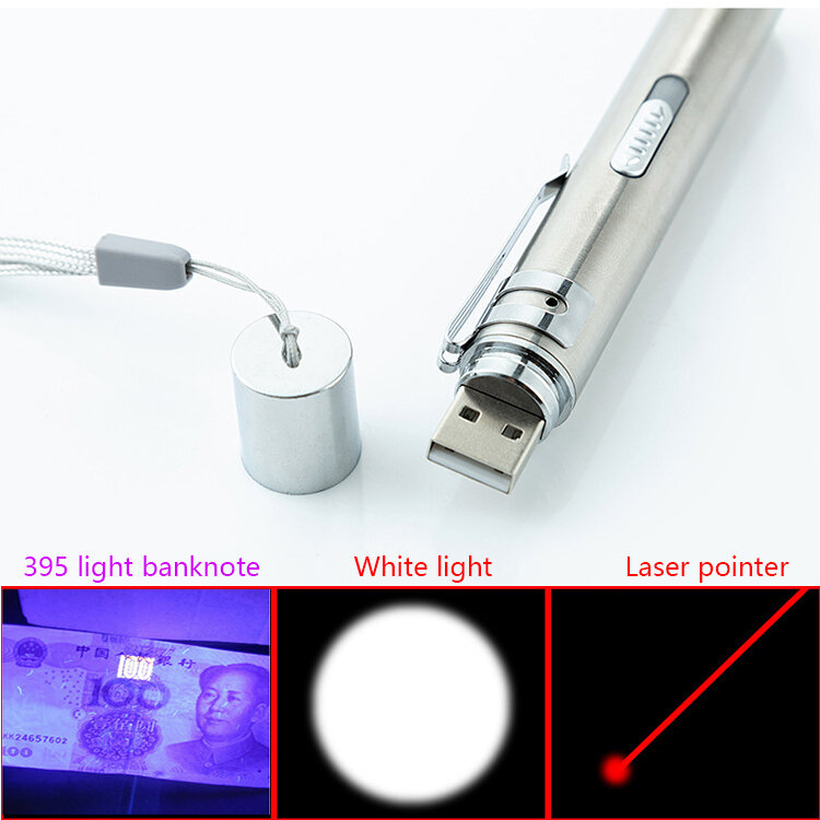 Mini 3in 1 مصباح ليد بوحدة USB قابل لإعادة الشحن مصباح يدوي قوي LED الشعلة مقاوم للماء تصميم Penlight الأشعة فوق البنفسجية ضوء الأوراق النقدية/مؤشر ليزر ...