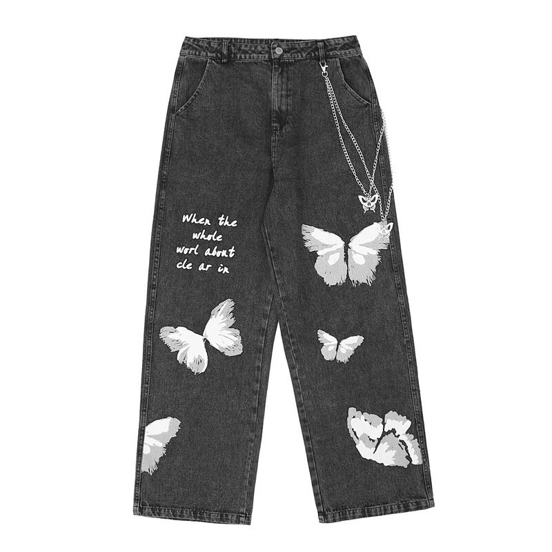بنطلون جينز موضة كورية فضفاض للرجال مُزين بطباعة فراشات وتصميم جرافيتي بنطال هيب هوب فضفاض وواسع للنساء من Kpop سروال دينيم Spodnie
