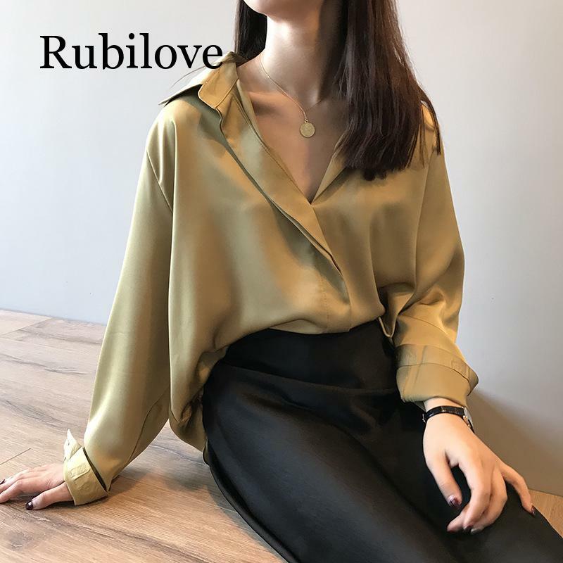 Rubilove-قميص ساتان نسائي بأكمام طويلة ، نمط مزاج جديد ، غير رسمي ، فضفاض ، لون عادي ، ربيع 2019