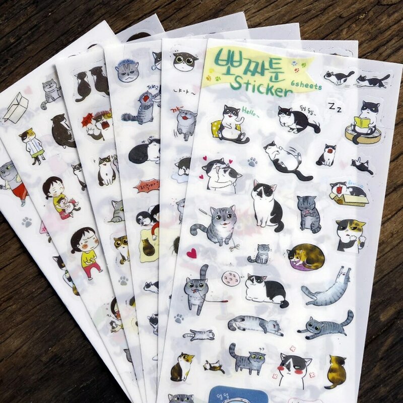 6 ورقات من الملصقات البلاستيكية اللطيفة على شكل قطة كرتونية ، ألبومات اليوميات ذاتية الصنع ، ملصقات الديكور ، ملصقات ثابتة
