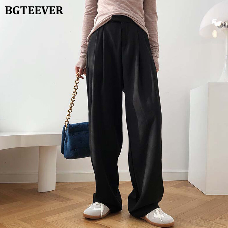 BGTEEVER موضة جديدة خريف شتاء فضفاض المرأة الطابق طول بنطلون عادية عالية الخصر جيوب السيدات بنطال ذو قصة أرجل واسعة 2021