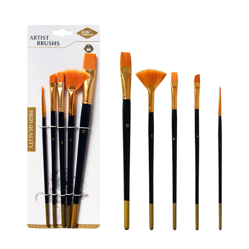 5pcs Artist Nylon Paint Brush Professional Watercolor Acrylic Wooden Handle Painting Brushes Art Supplies Stationery