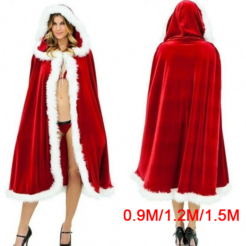 عباءة الرأس بغطاء للرأس من المخمل الأحمر مقاس 4 أزياء سانتا المثيرة لحفلات الكريسماس للنساء معطف حفلات للشتاء الدافئ