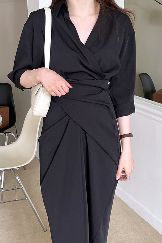 فستان صيفي أنيق كوري لعام 2021 فساتين فرنسية بسيطة بتصميم متقاطع فستان طويل بخصر عالٍ