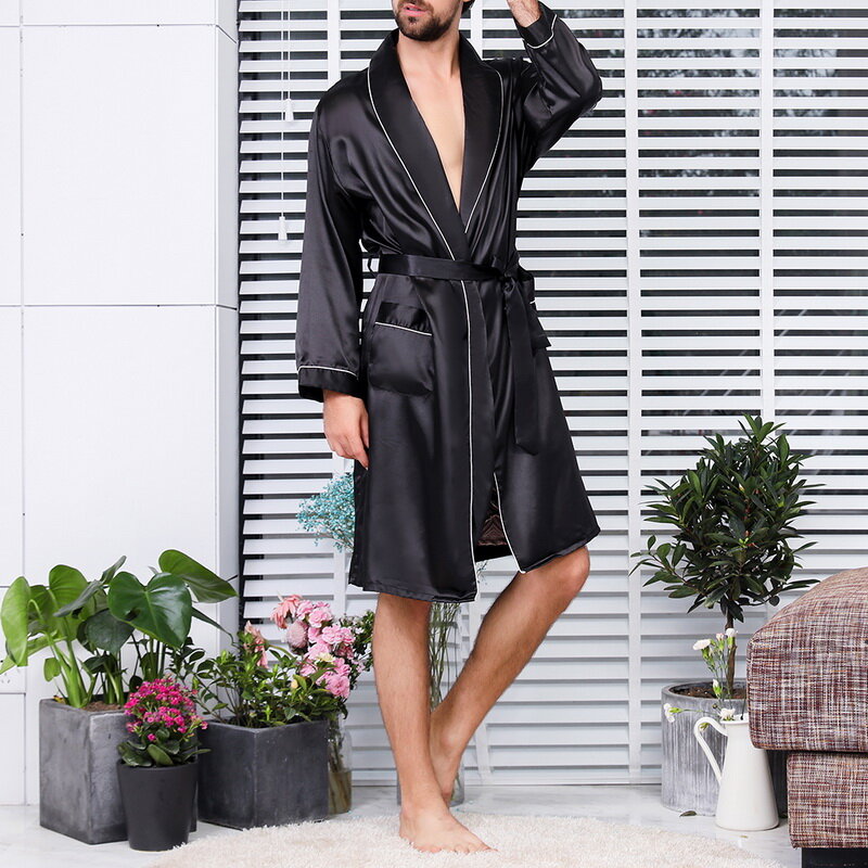 2021 جديد الرجال الأسود صالة النوم فو الحرير ملابس نوم للرجال الراحة حريري أردية حمام نوبل روب للنوم الرجال النوم Robes