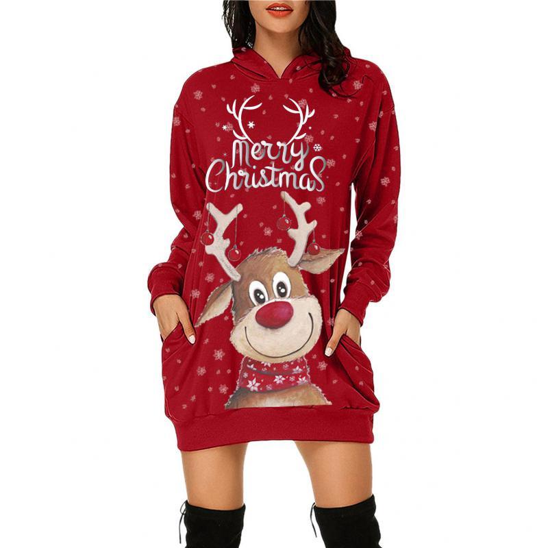 موضة سترة السيدات 2021 عيد الميلاد موضوع سلسلة الأيائل طباعة كنزة قطيفة فستان مع وشاح طويل الأكمام ضئيلة المتضخم سترة