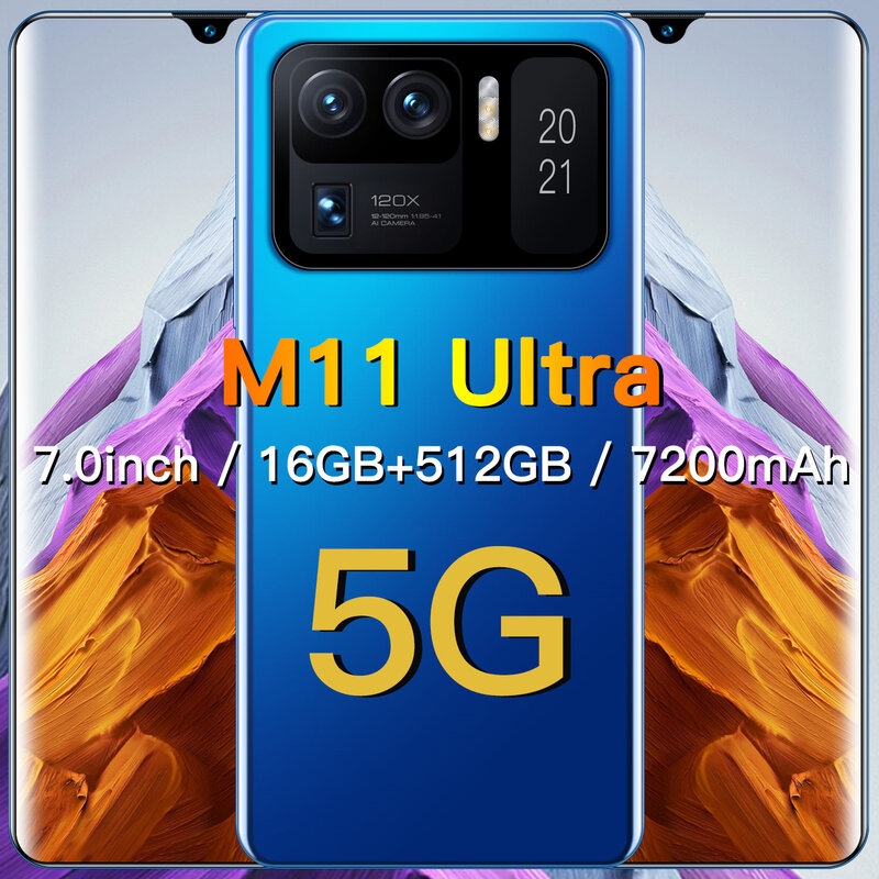 إصدار جديد 2021 7.0 "M11 هاتف فائق حقيقي 32MP + 64MP 16 + 512GB MT6893 10 Core 7200mAh أندرويد 11 هواتف ذكية عالمية 5G celulars