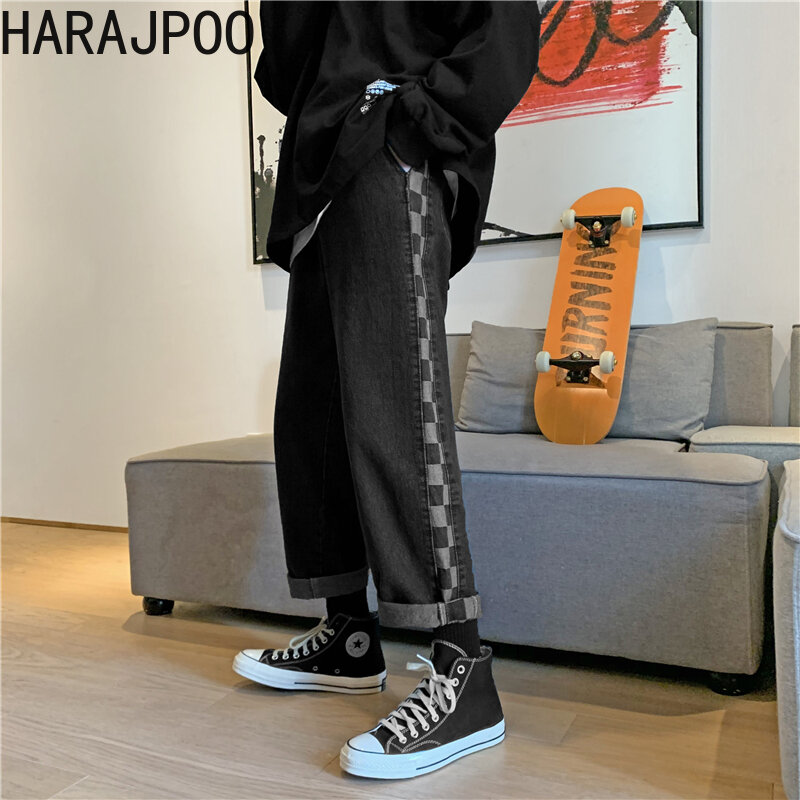 HARAJPOO جينز رجالي 2021 ربيع جديد Bf هونغ كونغ نمط الكورية موضة Harajuku ريترو منقوشة مستقيم فضفاض واسعة الساق بنطلون المد