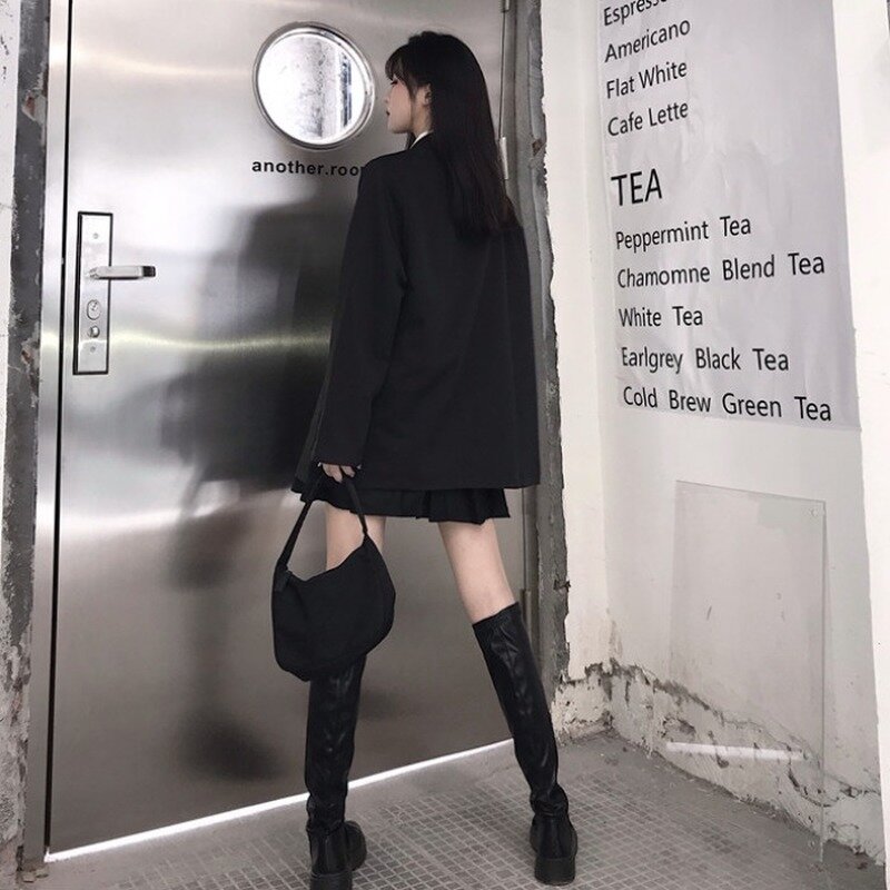 بدلة كورية سوداء بلازرات ملابس خارجية طويلة الأكمام للنساء مزدوجة الصدر رقيقة تناسب معطف 2021 جديد ملابس الربيع الرسمية للنساء