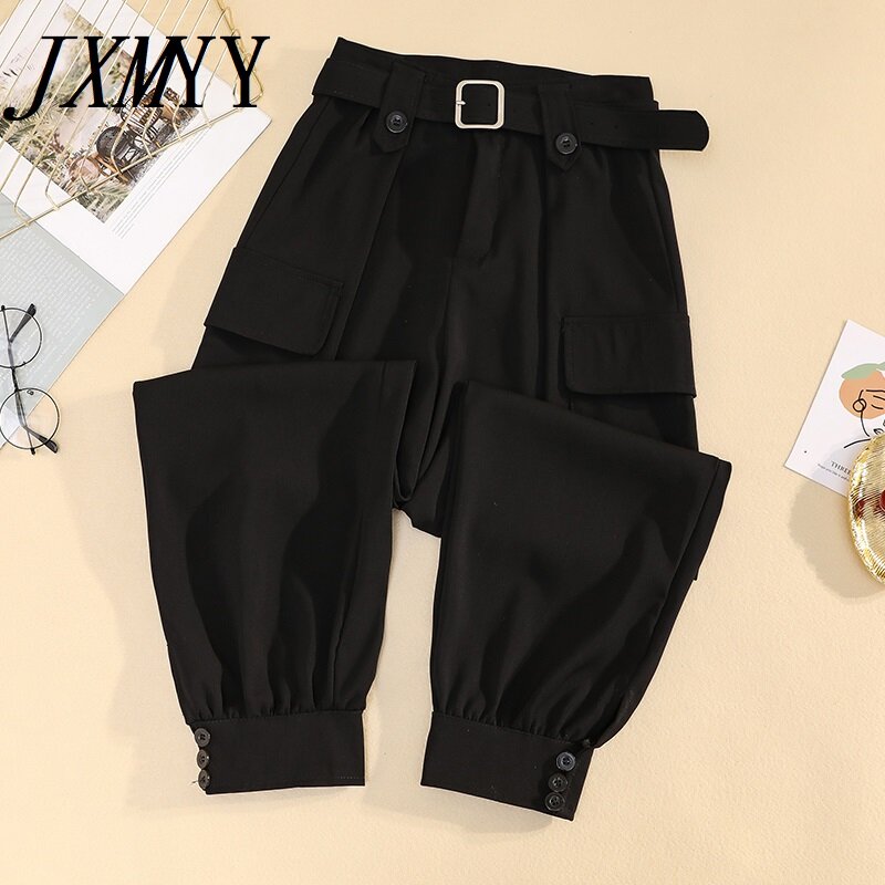 JXMYY خريف 2021 منتجات جديدة موضة المرأة فضفاض أسود عالية الخصر سليم مستقيم عادية كل مباراة Sweatpants