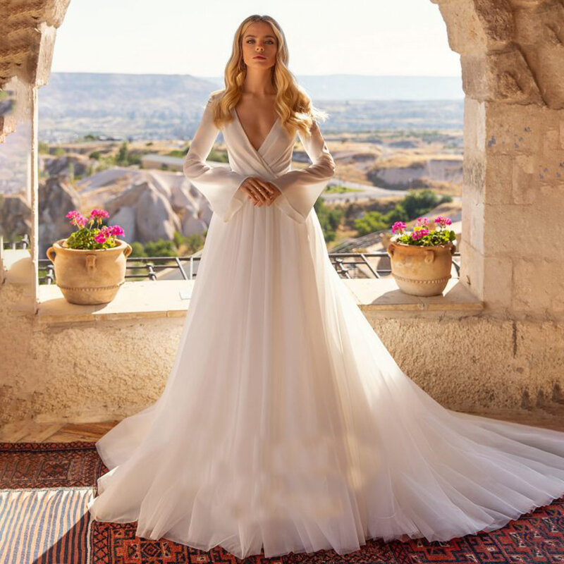 A خط طويل الأكمام فستان الزفاف لينة الشيفون بسيط مخصص مغلقة الظهر Vestido De Noiva مطوي Ruched الخامس الرقبة فستان زفاف