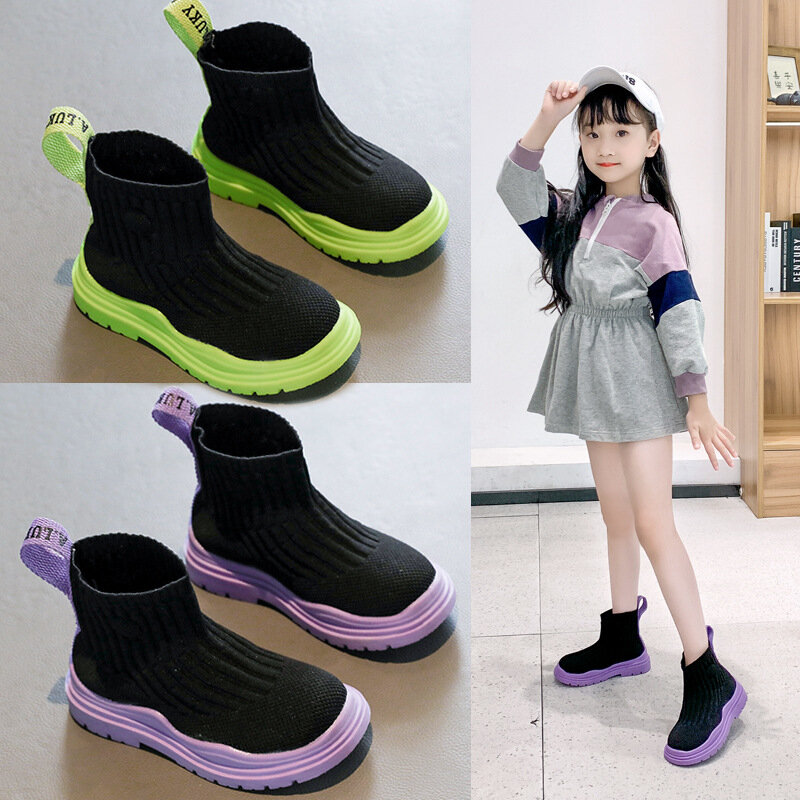 الفتيات الجوارب أحذية 2021 جديد للأطفال تمتد متماسكة الأحذية موضة كل مباراة أحذية بوت قصيرة الفتيان تنفس حذاء طفل حذاء خفيف