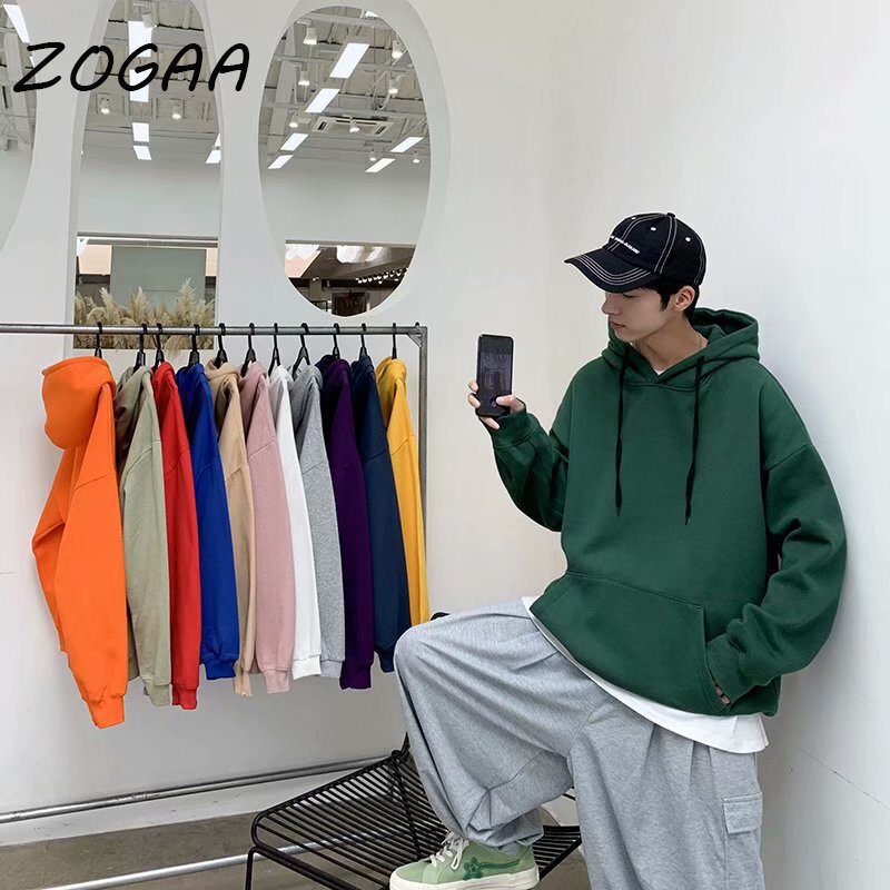 ZOGAA 2021 كنزة بغطاء للرأس للرجال هاراجوكو للطلاب لون نقي بسيط ملابس هيب هوب الشارع الشهير للرجال والنساء كنزة صوفية
