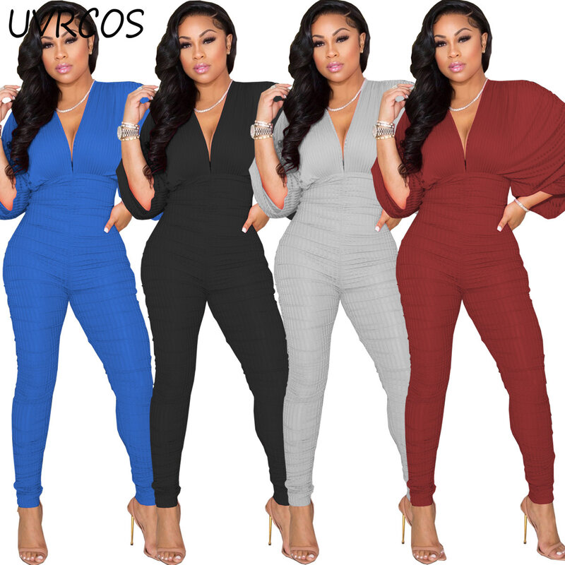 Casual Women Short Bat Sleeve Solid Color Deep V-neck Outfit Overalls Ruched  Tight Stretchy Jumpsuit 2021 New Female Outfits