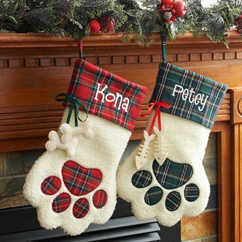 كلاسيك كبير عيد الميلاد تخزين القط باو الأحمر والأسود منقوشة عيد الميلاد الكفة جوارب النسيج كيس الحلوى هدية جورب زينة للمنزل