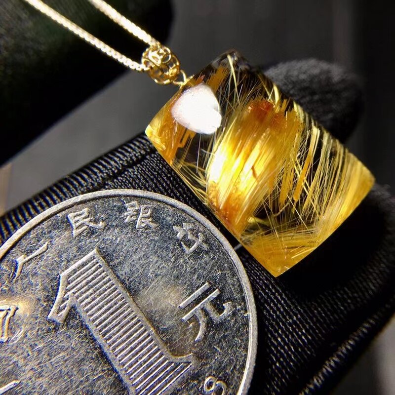 الذهب الطبيعي Rutilated الكوارتز مستطيل قلادة 20.2*14.4*8.4 مللي متر الكريستال قلادة مجوهرات 18K الذهب AAAAAA