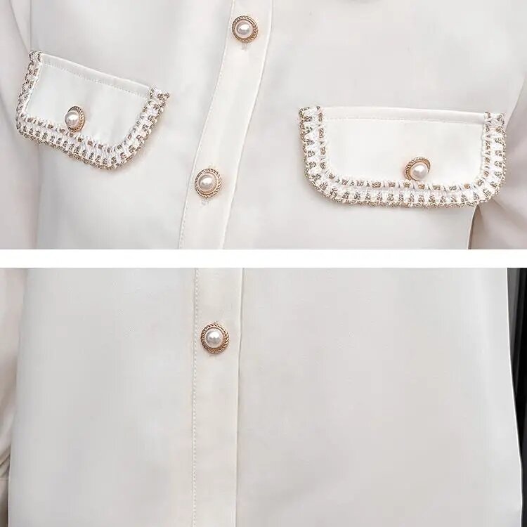قميص أبيض نسائي خريف/شتاء 2020 النسخة الكورية الجديدة من التطريز البري قميص شيفون علوي مع قميص قصير مخملي زائد