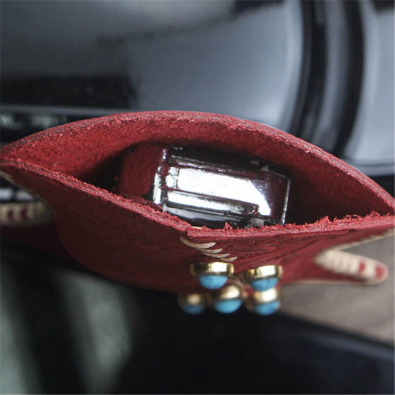 حقيبة مفاتيح صغيرة من جلد البقر الأصلي للنساء ، محافظ صغيرة مصنوعة يدويًا لمفاتيح السيارة