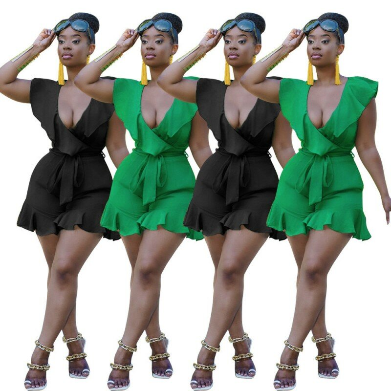 ملابس نسائية مثيرة موضة صيف 2021 سراويل قصيرة مكشكشة بألوان سادة وياقة على شكل v عميقة ملابس أفريقية للسيدات بألوان خضراء وسوداء