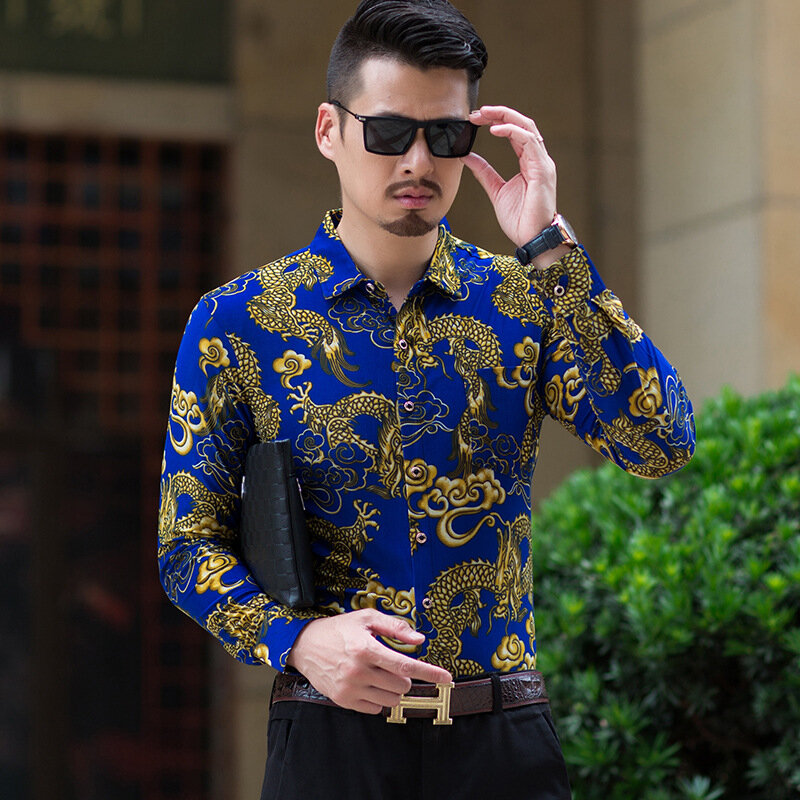 النمط الصيني قميص رجالي غير رسمي الذكور طويلة الأكمام الاتجاه الكورية الطباعة الساخن الذهبي التنين طبعة الرجال البرنز قميص