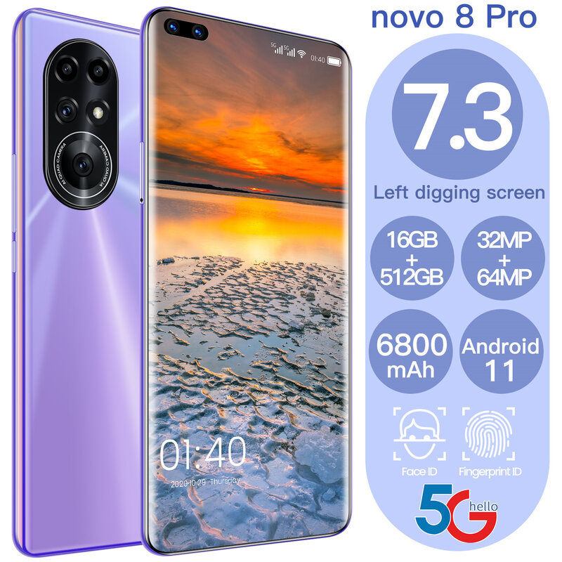 هاتف HUAWE Novo8 Pro 5G هاتف ذكي إصدار عالمي MTK6889 + معالج عشاري النواة كاميرا 64 ميجابكسل 16 جيجا 512 جيجا شاشة 7.3 بوصة عالية الدقة 6800mAh هاتف محمول