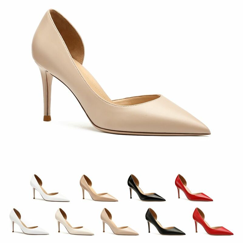 جلد طبيعي المرأة عالية الكعب حذاء أحمر الكلاسيكية مضخات الأحذية الأساسية مثير أشار تو اللحم اللون الفاخرة امرأة الزفاف حذاء 43