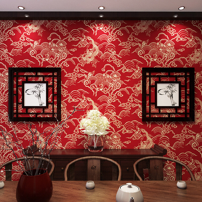 النمط الصيني خلفية حمراء التنين نمط الكلاسيكية زن Teahouse مطعم الديكور ديكور المنزل ورقة peint