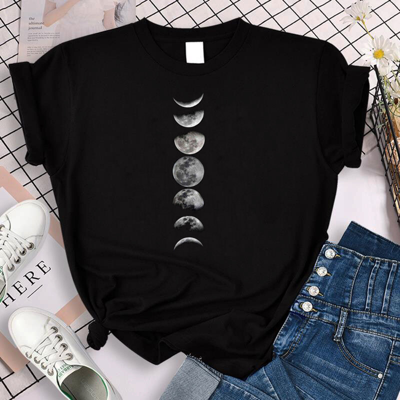 2022 جديد مضحك القمر طباعة تي شيرت المرأة Harajuku الأسود قمصان موضة مستديرة الرقبة تي شيرتات قصيرة الاكمام الصيف تيز رداء علوي غير رسمي