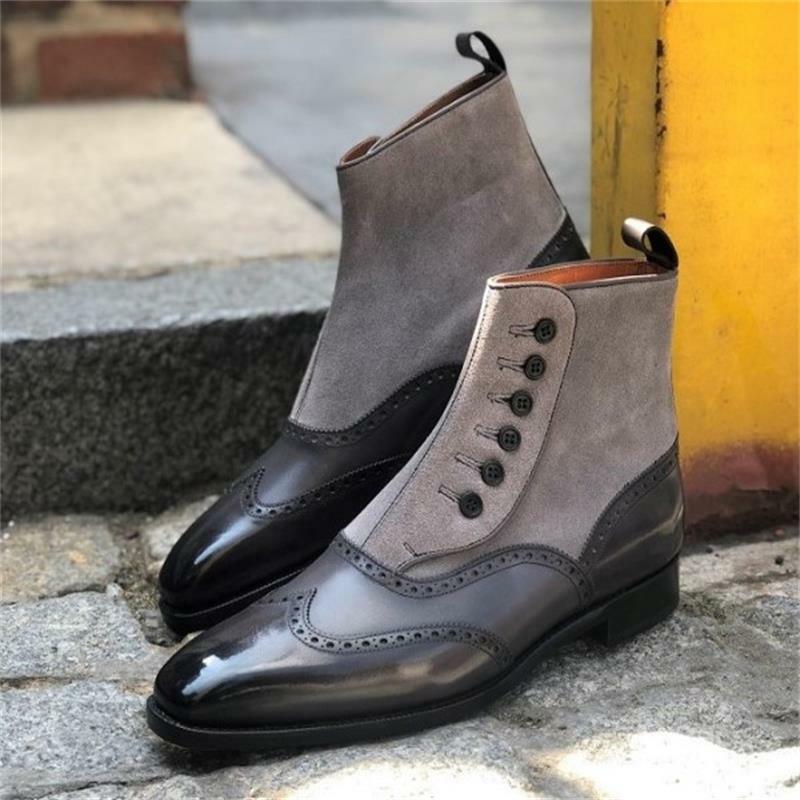 2021 جديد حذاء رجالي موضة الاتجاه الكلاسيكي الأسود بولي Stitching خياطة رمادي الجلد المدبوغ أزرار بروك الجوف كل مباراة حذاء من الجلد KS303