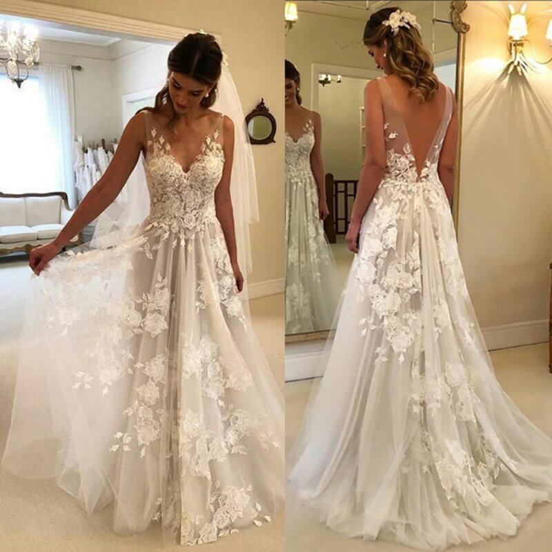 فستان زفاف جديد 2021 مثير رقبة على شكل V خفيف بسيط مزين بالدانتيل العروس Vestidos De Noiva