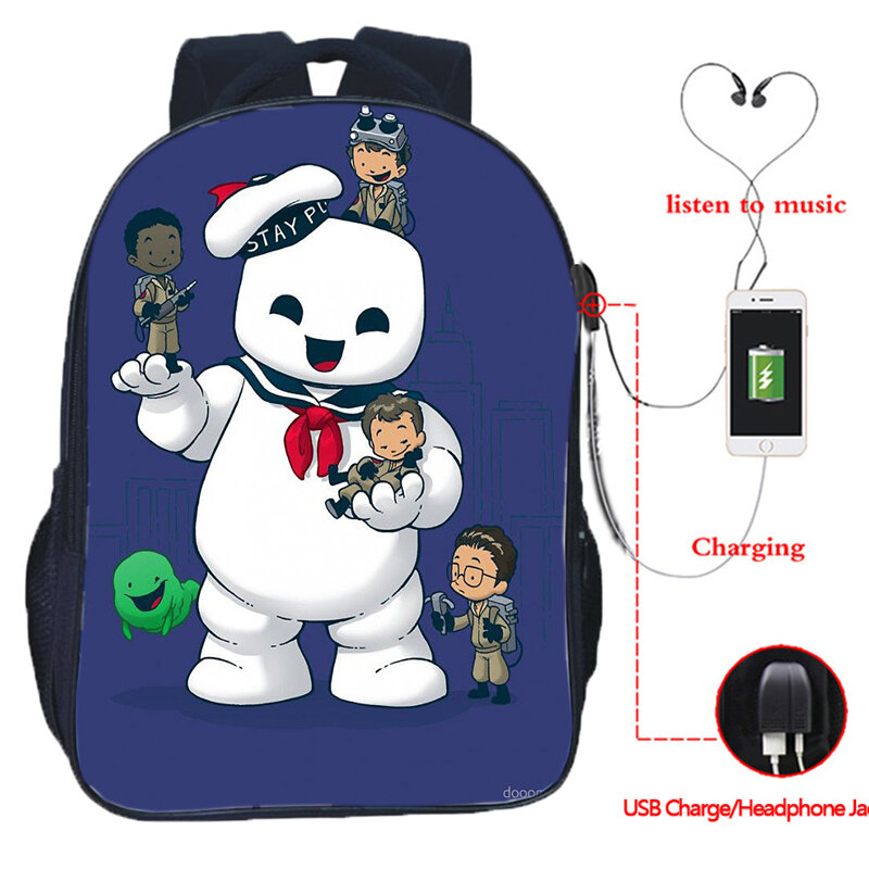 Ghostbusters USB حقيبة الظهر الطلاب بنين بنات المراهقين الكرتون أنيمي الحقائب المدرسية الاطفال حقيبة الظهر الرجال النساء السفر حقيبة الظهر