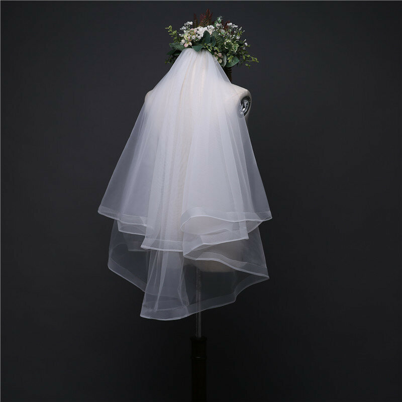 بسيطة 2 طبقات النساء الفتيات قصيرة الحجاب الزفاف العاج الأبيض تول الحجاب الزفاف اكسسوارات الزواج مع مشط