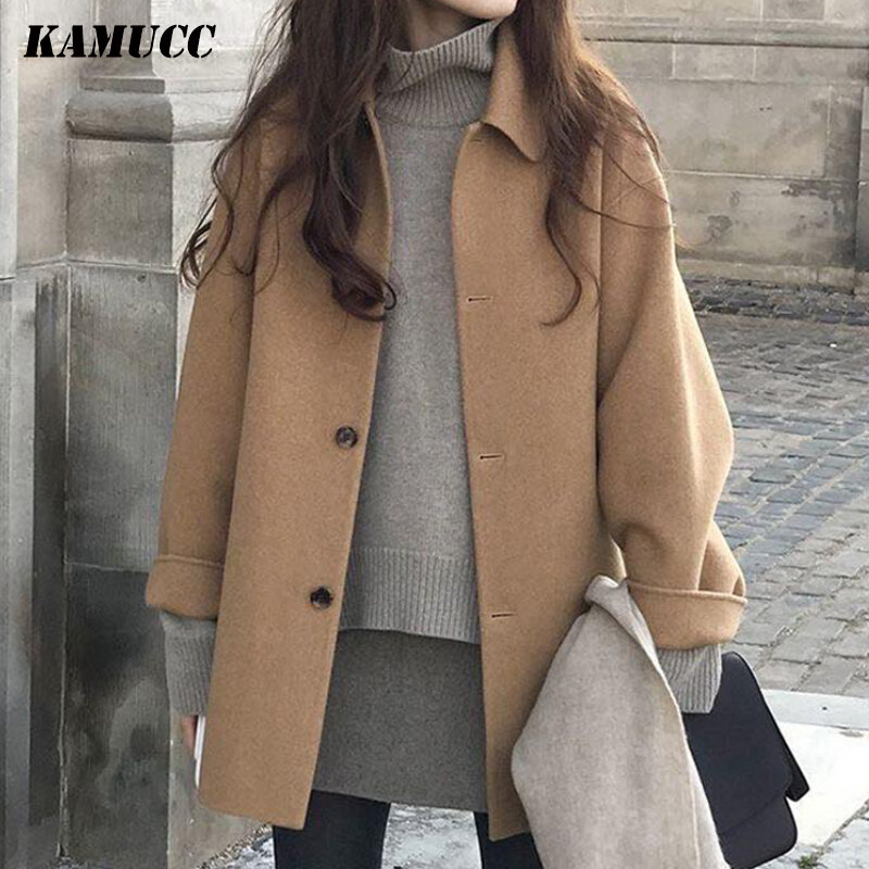 KAMUCC الخريف المرأة الصوف معطف طويل الأكمام واحدة الصدر الموضة بدوره إلى أسفل خليط الإناث السببية فضفاض الشتاء أبلى 2020