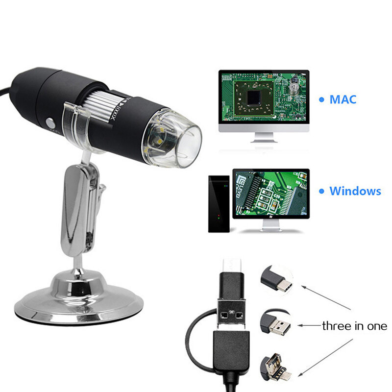ثلاثة في واحد أوسب مجهر رقمي 500X 1600X قابل للتعديل نوع C المجاهر الإلكترونية مع قوس كاميرا المنظار ل 8 المصابيح