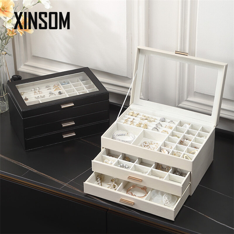 XINSOM جديد كبير صندوق مجوهرات المنظم النساء درج نوع متعدد الطبقات قلادة أقراط خواتم أساور مجوهرات صندوق تخزين النعش