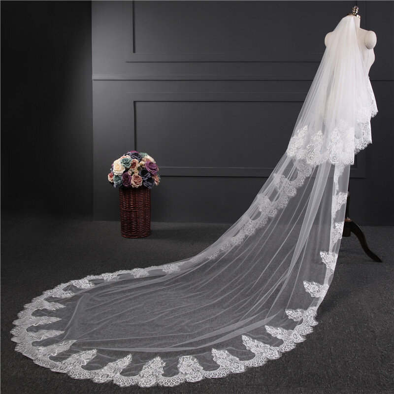 NZUK الدانتيل أحمر الخدود طرحة زفاف 3 متر طويلة 1.5 متر واسعة طبقتين الأبيض العاج الحجاب الزفاف مع مشط اكسسوارات الزفاف