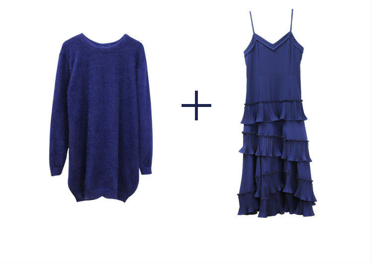 الخريف والشتاء السيدات متماسكة دعوى فستان بحزام عادية مجموعات 2022 موضة الأزرق متماسكة فضفاضة البلوز سترة فستان قطعتين الإناث