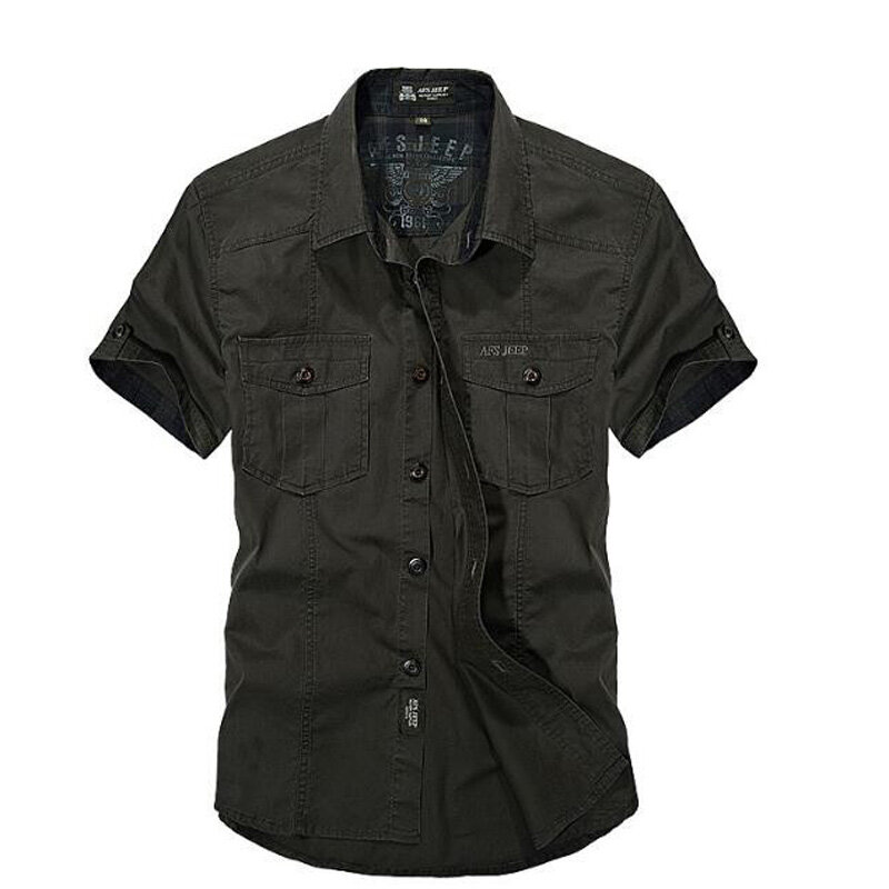 AFS ZDJP قميص رجالي جديد صيف 2018 قمصان عسكرية صلبة بأكمام قصيرة قميص قطن بنسيج شبكي يسمح بالتهوية قميص عسكري فضفاض للرجال