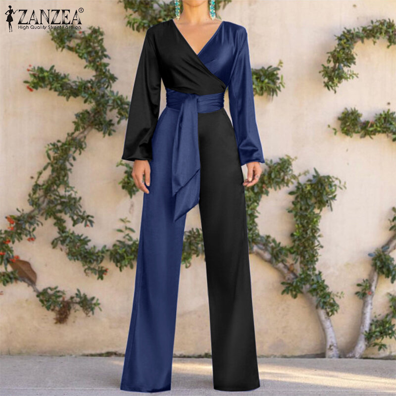 المتضخم ZANZEA المرأة خمر الدنيم الأزرق بذلة 2022 ملابس علوية بأكمام طويلة للربيع بحزام عموما عادية الصلبة المرقعة رومبير Playsuit
