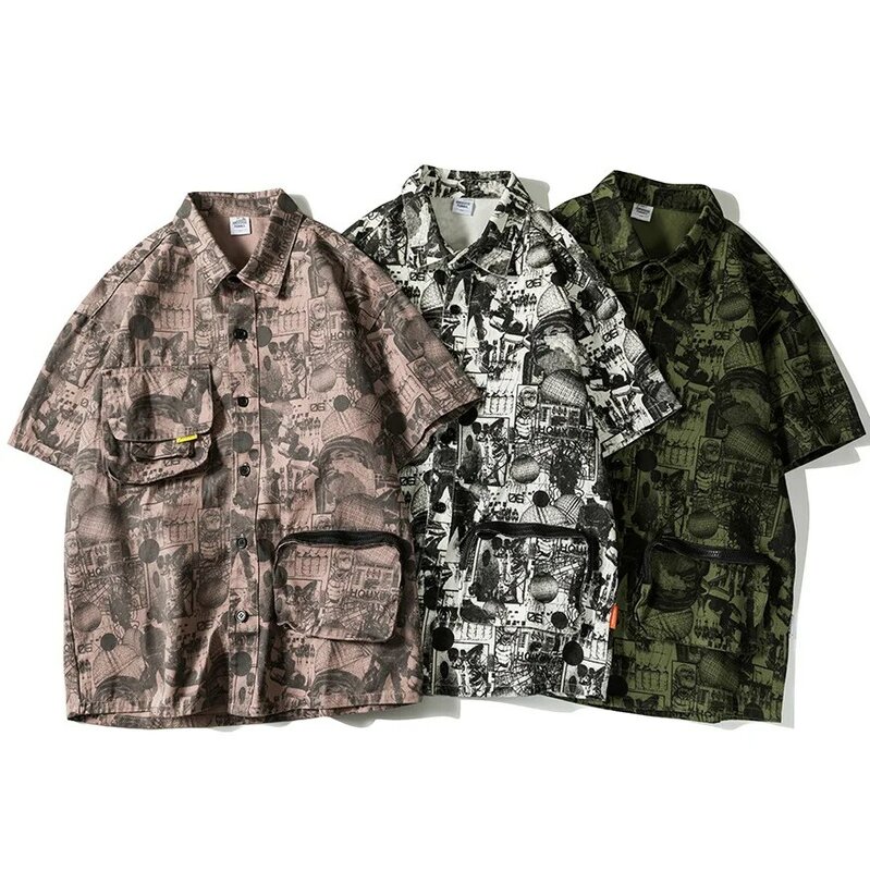 اليابانية الصيف طباعة قصيرة الأكمام قميص قميص فضفاض للرجل الرجعية طباعة البضائع قصيرة الأكمام قميص للرجال فضفاض كسول نمط قميص