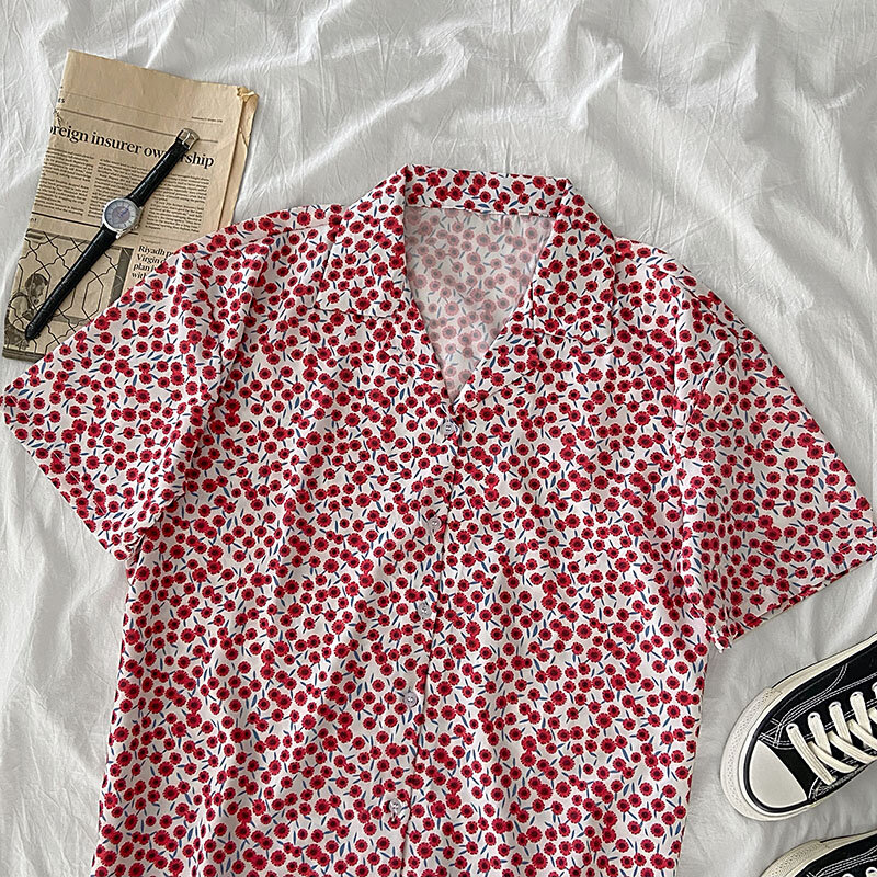 EBAIHUI الصيف Harajuku المرأة قميص خمر الأزهار طباعة بلوزة الإناث عادية فضفاضة قصيرة الأكمام زر حتى قميص القمم Mujer