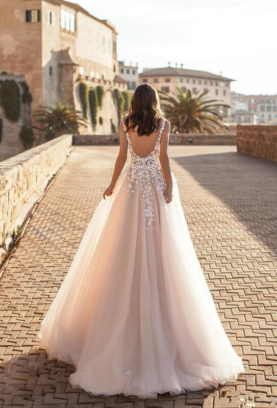 فستان زفاف من التول والدانتيل مزين بالورود ، ياقة على شكل V ، مقاس كبير ، مجموعة جديدة 2020