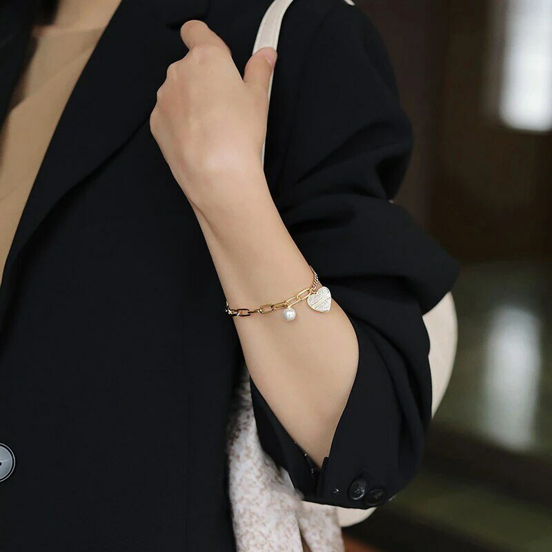 العصرية تصميم 14K الذهب الحقيقي القلب اللؤلؤ الربط سوار للنساء اكسسوارات مجوهرات الأزياء الكورية سحر AAA الزركون Ins الساخن