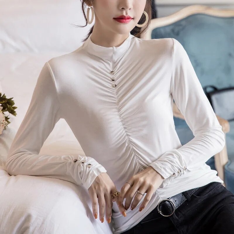 2020 الربيع والخريف جديد الكورية نصف عالية الرقبة قاع قميص المرأة التخسيس بأكمام طويلة البلوز تي شيرت المرأة