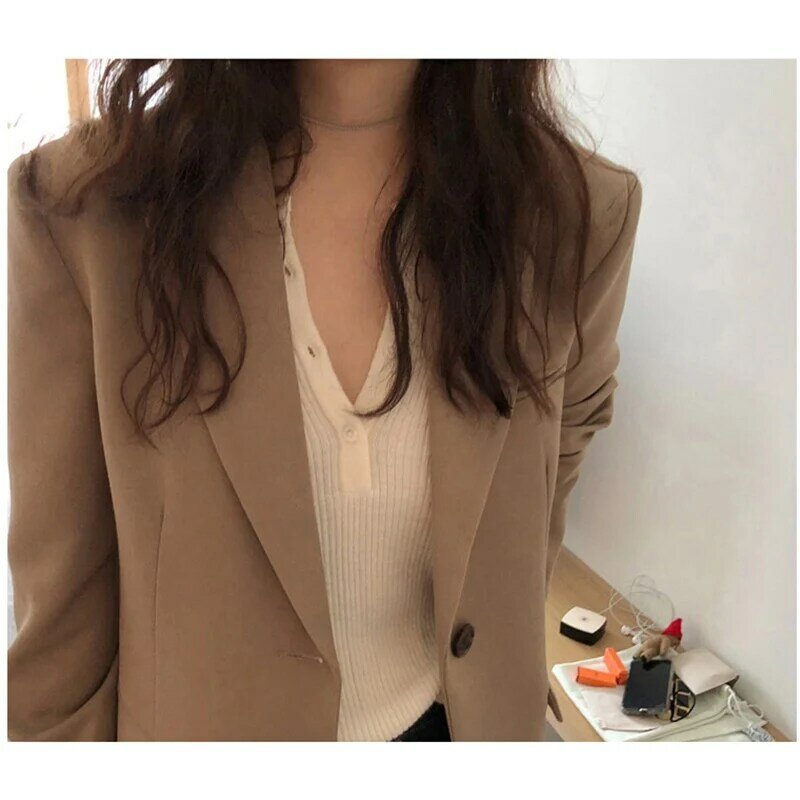 ربيع جديد سترة الموضة المرأة جيوب عادية كم طويل بدلة عمل معطف مكتب سيدة الصلبة سليم بليزرز 2020 مكتب سيدة