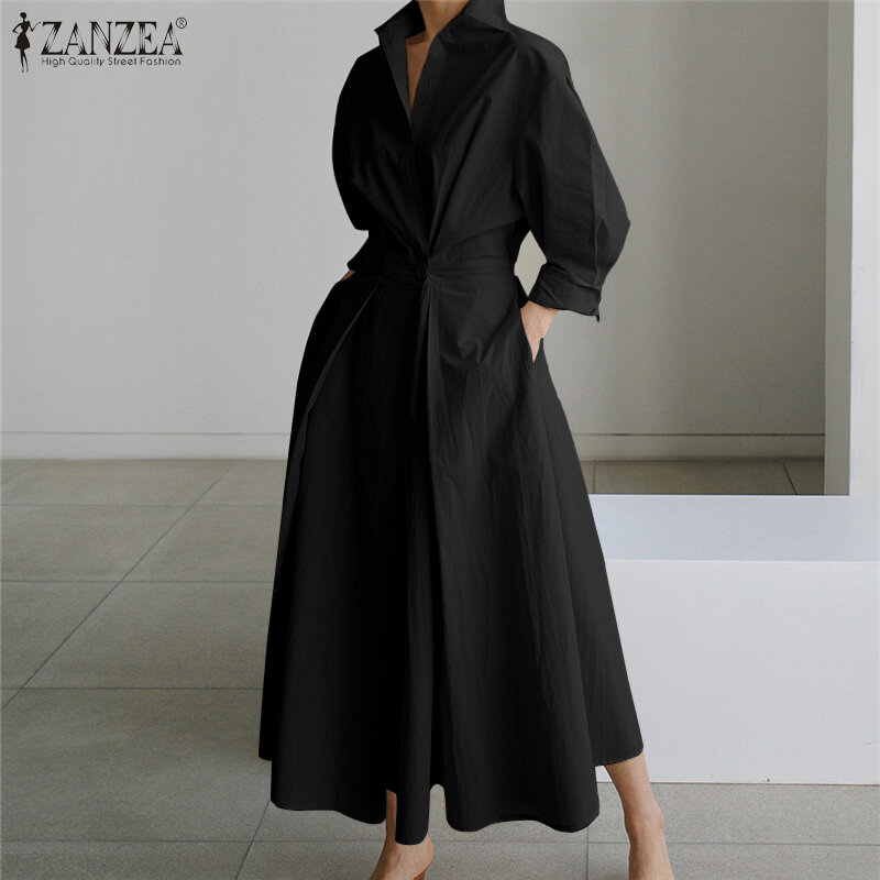 ZANZEA فام مرونة الخصر Vestido كم كامل جيوب فستان عالية الخصر رداء غير رسمي فساتين طويلة الإناث الملابس Saias Longas