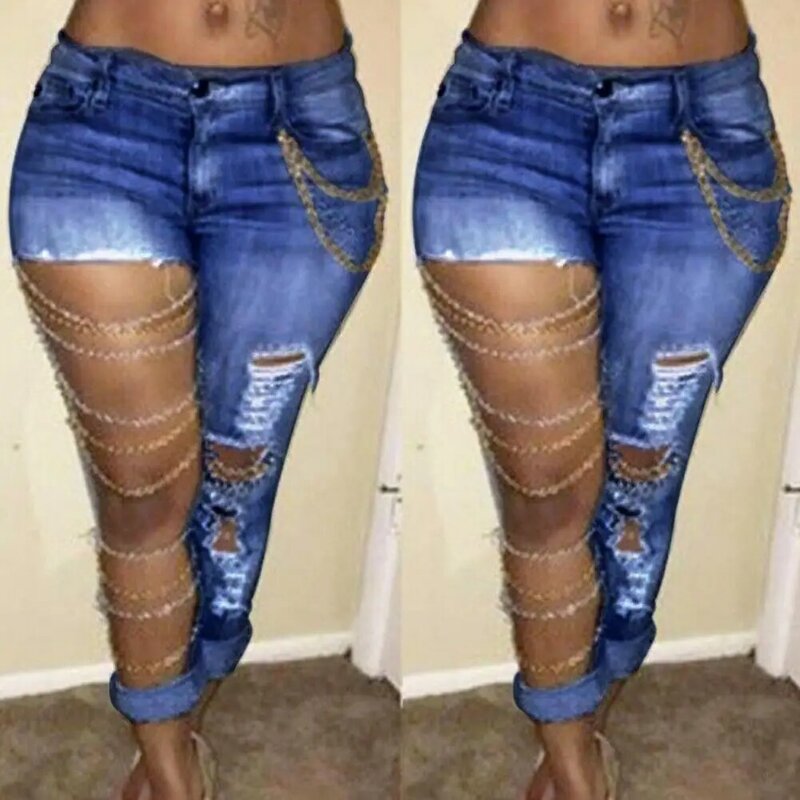 سراويل جينز أنيقة منتصف الارتفاع ملابس الشارع مبالغ فيها ممزق ثقوب نحيل الجينز السراويل السراويل النساء الجينز #5